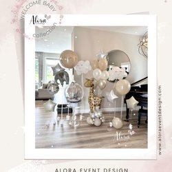 Alora Event Design - Welcome Baby custom Helium balloon arrangement - elegant neutral color safari animals themed party decor for Philadelphia Main Line PA