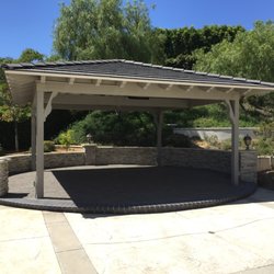 Pacific Landscape Services - Finished solid top patio cover and paver patio.