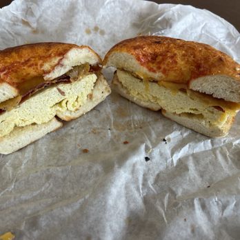 East Coast Bagel - BACON & CHEDDAR BEGGEL on pizza bagel - Bagels Near Me - Long Beach, California East Coast Bagel - BACON & CHEDDAR BEGGEL on pizza bagel - Bagels Near Me - Long Beach, California