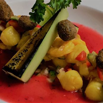 MIX Kitchen & Bar - Saffron Ceviche w/ burnt cucumber, avocado croutons, watermelon gazpacho - Cocktail Bars Near Me - Ithaca, New York MIX Kitchen & Bar - Saffron Ceviche w/ burnt cucumber, avocado croutons, watermelon gazpacho - Cocktail Bars Near Me - Ithaca, New York