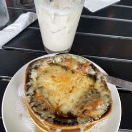 French onion soup and a White Russian French onion soup and a White Russian