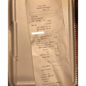 Pizza Time - Receipt for lunch - Pizza Near Me - East Hartford, Connecticut Pizza Time - Receipt for lunch - Pizza Near Me - East Hartford, Connecticut