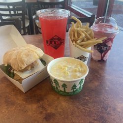 Chicken sandwich, Mac and cheese, fries, strawberry shake, fountain drink