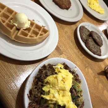 Blueberry Hill Pancake House - Counter-clockwise: Veggie Skillet center, 1/2 waffle, potato pancakes next to turkey sausage (Not all mine :D) - American Near Me - Indianapolis, Indiana