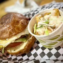 BreckFast - The Zeiter Breakfast Sandwich and delicious cheesy potatoes.