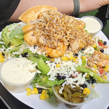 Lettuce Toss It - Loaded high with seasoned shrimp, crispy onions, sliced avocado, beans, corn, and fresh greens. Fresh and crisp! - American Near Me - Chino Hills, California