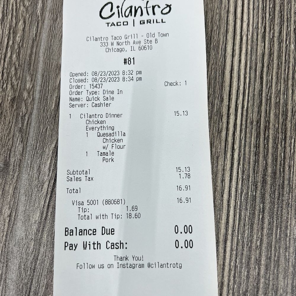 Cilantro Taco Grill - the receipt - Mexican Near Me - Chicago, Illinois