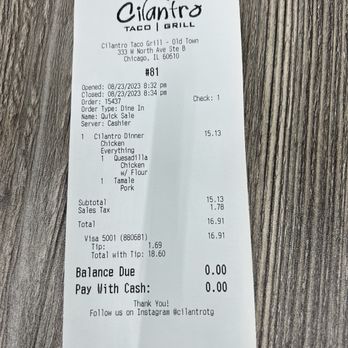 Cilantro Taco Grill - the receipt - Mexican Near Me - Chicago, Illinois