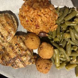 Grilled chicken, red rice, and green beans