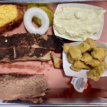 Betty Rose's Little Brisket - Two meat plate brisket and ribs with potato salad and okra. - Barbeque Near Me - Abilene, Texas Betty Rose's Little Brisket - Two meat plate brisket and ribs with potato salad and okra. - Barbeque Near Me - Abilene, Texas