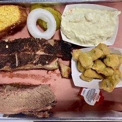 Betty Rose's Little Brisket - Two meat plate brisket and ribs with potato salad and okra.