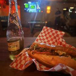 Nunya Neighborhood Bar - Chopped cheese Miller high life