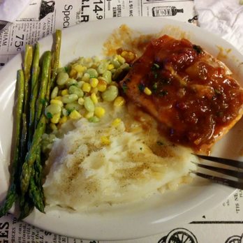 Casey Jones' Restaurant - Teriyaki Salmon with succotash and asparagus. - Breakfast & Brunch Near Me - Ronks, Pennsylvania Casey Jones' Restaurant - Teriyaki Salmon with succotash and asparagus. - Breakfast & Brunch Near Me - Ronks, Pennsylvania