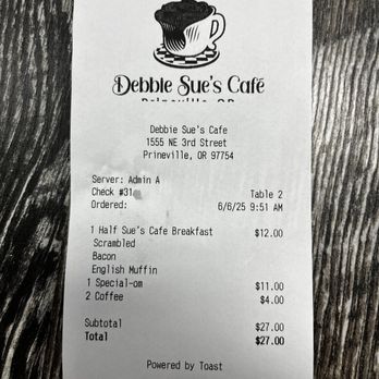 Debbie Sue's Cafe - Today's tab - American Near Me - Prineville, Oregon Debbie Sue's Cafe - Today's tab - American Near Me - Prineville, Oregon