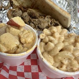 Pulled Pork Sandwich with Macaroni & Cheese and Potato Salad
