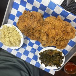 Pork chops, rice, and collard greens. Pork chops, rice, and collard greens.