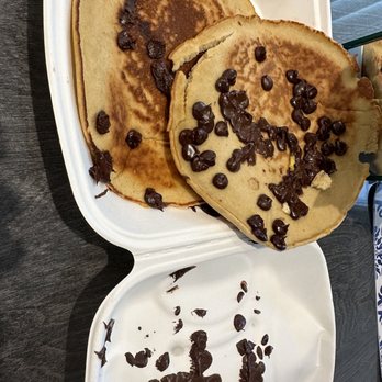 Bagels & More - Chocolate Chip Pancakes. They threw some chocolate chips on top and let them partially melt - Bagels Near Me - Edgewater, New Jersey