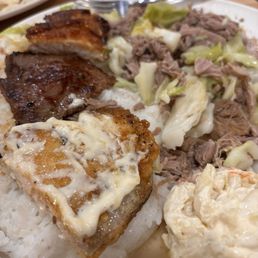 Teri beef/chicken, mahi, macaroni salad, kahlua pork/cabbage