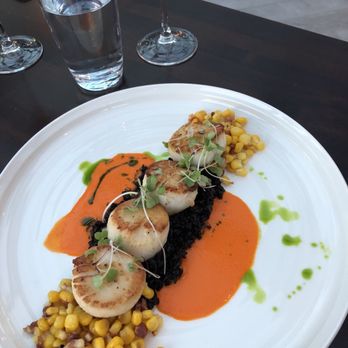 Mare Rooftop - Scallops with roasted corn, crispy pancetta and black rice. - Seafood Near Me - Providence, Rhode Island Mare Rooftop - Scallops with roasted corn, crispy pancetta and black rice. - Seafood Near Me - Providence, Rhode Island