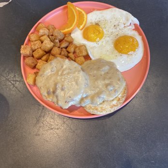 Burnt Crumbs - Two eggs with biscuits and gravy and fried potatoes - New American Near Me - Irvine, California
