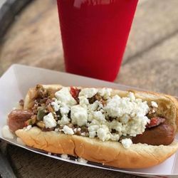 Nicks Greek dog. Hot dog topped with feta cheese and olive tapenade.