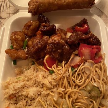 Panda Express - Two item plate with Orange Chicken and Beijing Beef and half fried rice and half lomein noodles - Chinese Near Me - Youngstown, Ohio