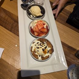 Triple pizookie: cookies n cream, strawberry shortcake, salted caramel
