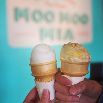 Moo Moo Mia - Elderflower/rose sorbet and Orange Creamsicle (both on cake cone) - Ice Cream & Frozen Yogurt Near Me - Monrovia, California