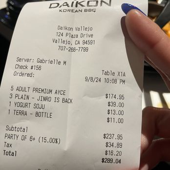 Daikon Korean BBQ - Receipt for a table of 6 - Barbeque Near Me - Vallejo, California