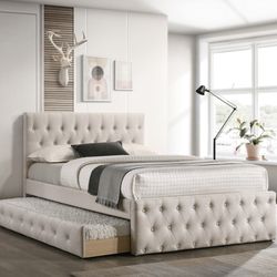 Full Size Beige Bed Frame + Slide in Trundle Bed
No Spring Box required
Brand new set
Financing program is available
Delivery service