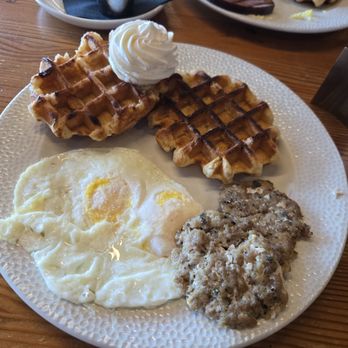 Maynard's - Burnt prepackaged pearl sugar waffles, anemic sausage patties with visible white fat and cold and overcooked eggs - New American Near Me - Silverdale, Washington