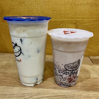 Yifang Taiwan Fruit Tea - Left to right: Large Aisha Almond Grass Jelly Almond Latte with added Almond Jelly & Medium Purple Rice Red Bean Coconut Latte - Coffee & Tea Near Me - San Mateo, California Yifang Taiwan Fruit Tea - Left to right: Large Aisha Almond Grass Jelly Almond Latte with added Almond Jelly & Medium Purple Rice Red Bean Coconut Latte - Coffee & Tea Near Me - San Mateo, California