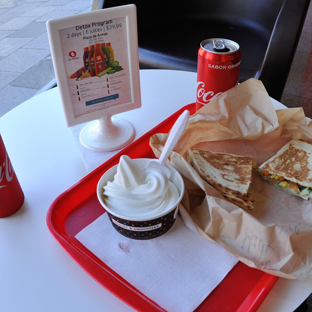 Mediterranean Pesto Flatbread sandwich and yogurt at the Red Mango Cafe San Juan, Puerto Rico Mediterranean Pesto Flatbread sandwich and yogurt at the Red Mango Cafe San Juan, Puerto Rico