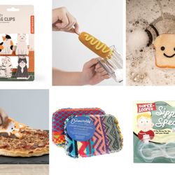 Fun and functional kitchen accessories featuring bag clips, novelty cleaning sponges, reusable scrub cloths, food-themed kitc...