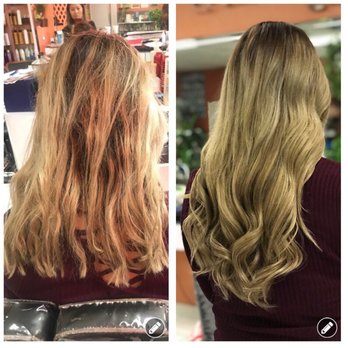 Timeless Tresses Lounge  - Before and after. (After: color correction on base, texture haircut on regular hair, extensions added about 230 pieces, I-tip) - Makeup Artists Near Me - Huntington Beach , California