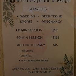 Sophie's Therapeutic Massage - Services menu and pricing