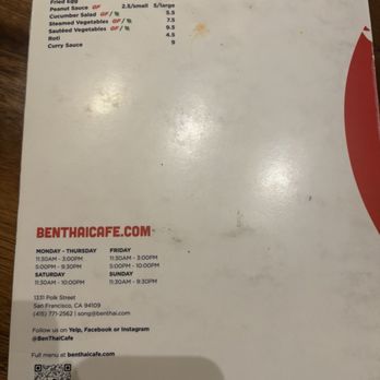 Ben Thai Cafe - Menu (4/13/25) - Thai Near Me - San Francisco, California