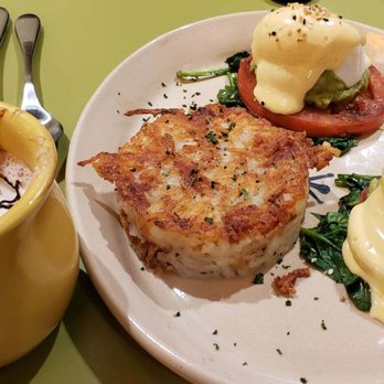 Snooze, an A.M. Eatery - Smashed avocado Benny and cafe mocha with coconut milk. - Breakfast & Brunch Near Me - Orange, California