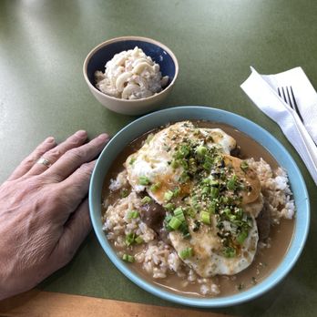 Bobby Q's Hawaiian BBQ - The Loco Moco perfectly seasoned and topped with onions and 'stuff'. Wow. Broke da mouth! - Hawaiian Near Me - Cedar Falls, Iowa