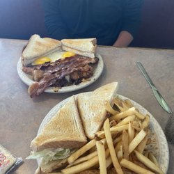Egg Salad Sandwich and classic two egg breakfast.