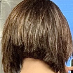 Cut slants from L to R across my neck, there's a weird longer section in the middle, and the sides aren't blended correctly.