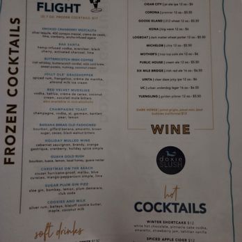 Doxie Slush - Menu from Doxie Slush in Hermann, MO, displaying a selection of frozen cocktails, beers, wines, and soft drinks. The menu includes detailed descriptions and prices for each beverage, such as frozen cocktails like the '7 oz. frozen cocktails' and beers including Brick River and Cigar City. It also features wine options like Dark Horse pinot grigio and pinot noir, along with soft drinks like Coke and Sprite. The menu is printed on paper with handwritten-style headings and a logo for Doxie Slush. - Seafood Near Me - Hermann, Missouri