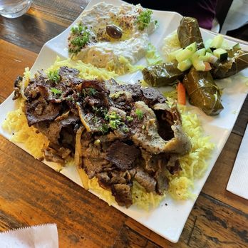 Almanqal Mediterranean Grill - Gyro platter w dolma and Baba Ghanoush - Mediterranean Near Me - Seattle, Washington