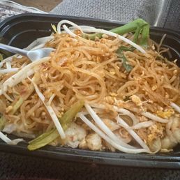 Pad Thai. I did mix it up, so shrimp is hidden. I also removed some sprouts. Pad Thai. I did mix it up, so shrimp is hidden. I also removed some sprouts.