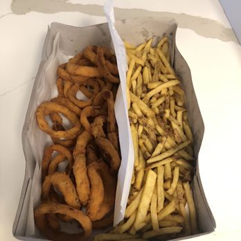 Tops Burgers - SMALL order of fries + SMALL order of onion rings. Awesome portions and very tasty. Perfect for 3 people - Burgers Near Me - Pasadena, California