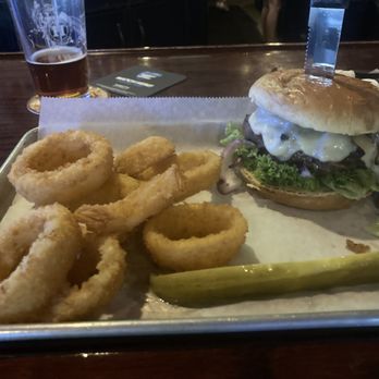 Brick & Barley - Mushroom & Swiss w/onion rings - Sports Bars Near Me - Tempe, Arizona Brick & Barley - Mushroom & Swiss w/onion rings - Sports Bars Near Me - Tempe, Arizona