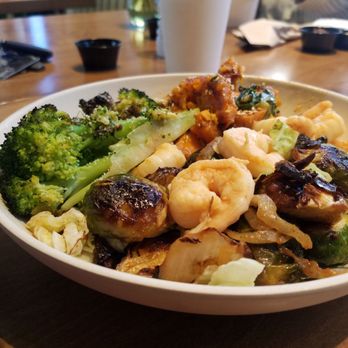 Flower Child - Different angle  BYO: Teriyaki Shrimp, Brussels Sprouts, Sweet Potatoes + additional side of Broccoli.  Beyond delicious!!!!! - Salad Near Me - Charlotte, North Carolina