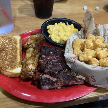 Sonny's BBQ - Pick 2 Combo with smoked wings and St. Louis Ribs. Side of Mac and cheese and Tater Tots - Barbeque Near Me - Palm Harbor, Florida