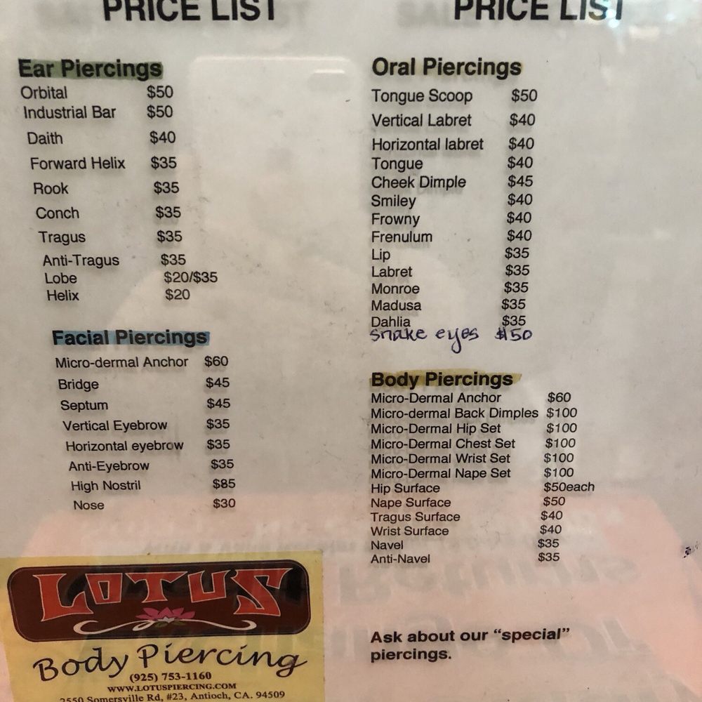 Lotus Body Piercing - Prices as of 2018 - Piercing Near Me - Antioch, California