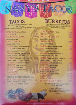 Menu photo 4 Nanys Tacos Williams, AZ